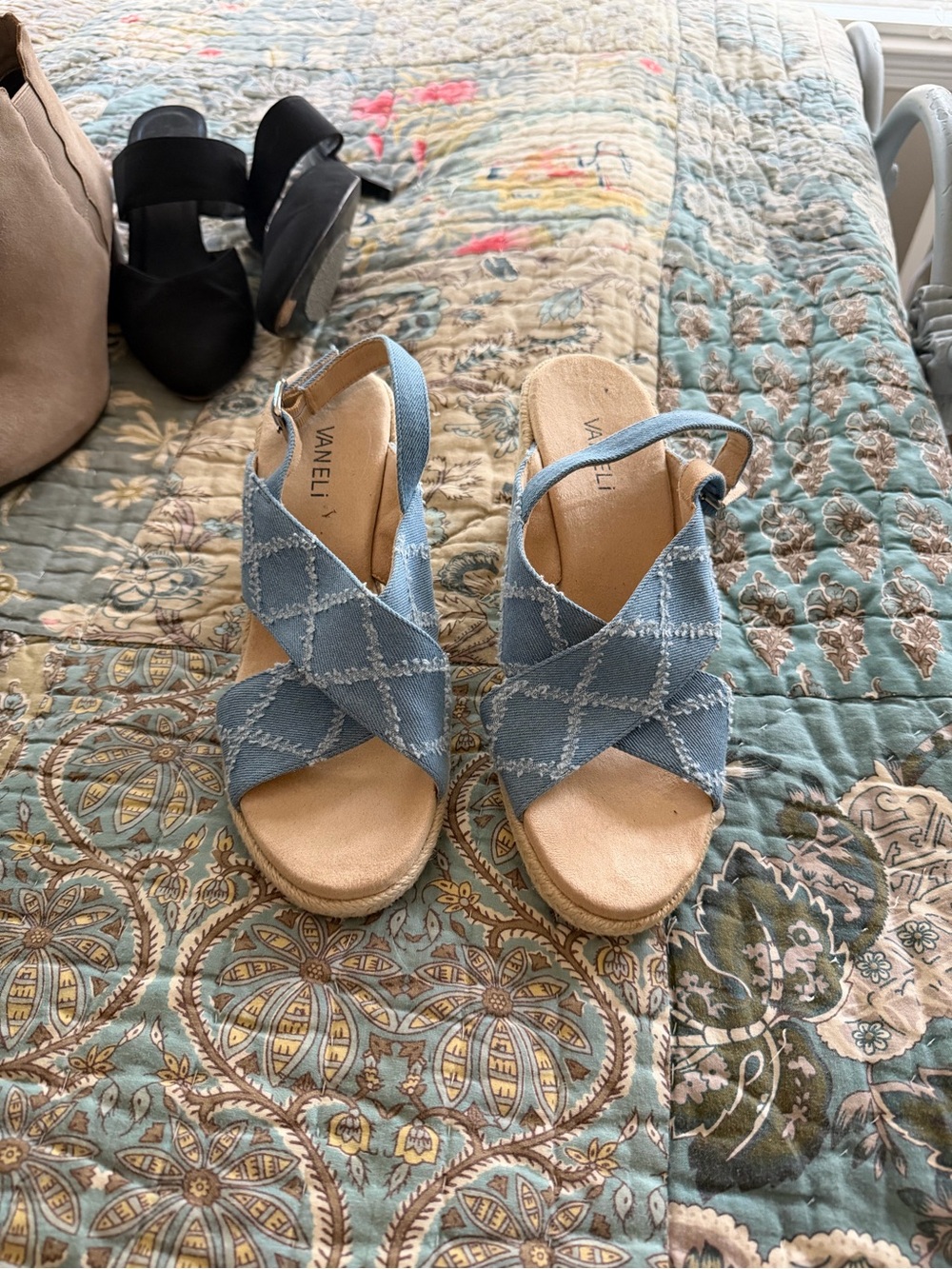 Vaneli Light Blue Crisscross Slingback Wedge Sandals
